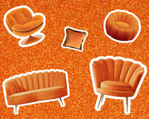 montage photos du mobilier orange disponible à la location par 126 Events, location de mobilier événementielle